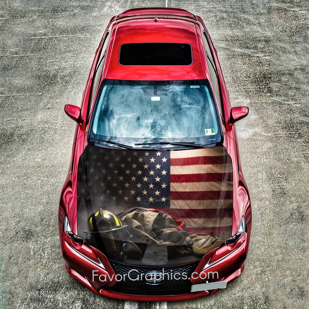 Firefighter Thin Red Line Flag Itasha Car Vinyl Hood Wrap Decal Sticker