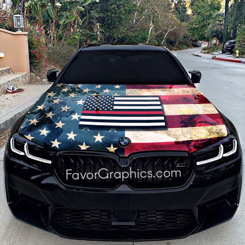 Firefighter Thin Red Line Flag Itasha Car Vinyl Hood Wrap Decal Sticker