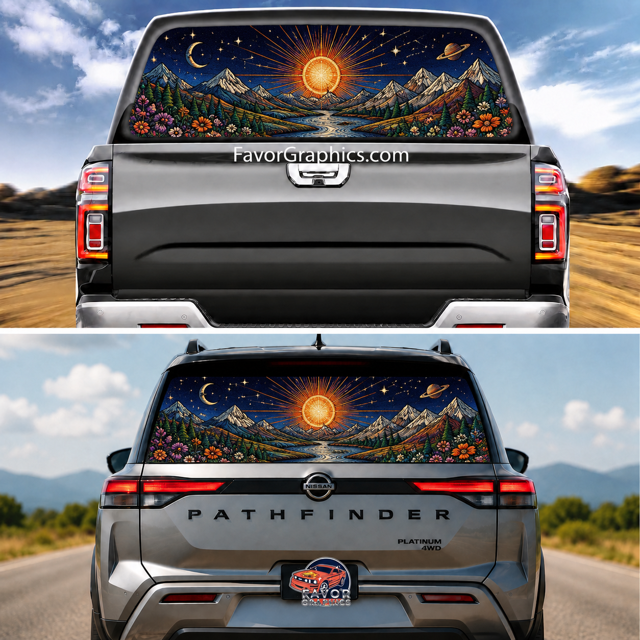 Mountain Sun Rear Window Perforated Graphic Vinyl Decal Car Truck ...