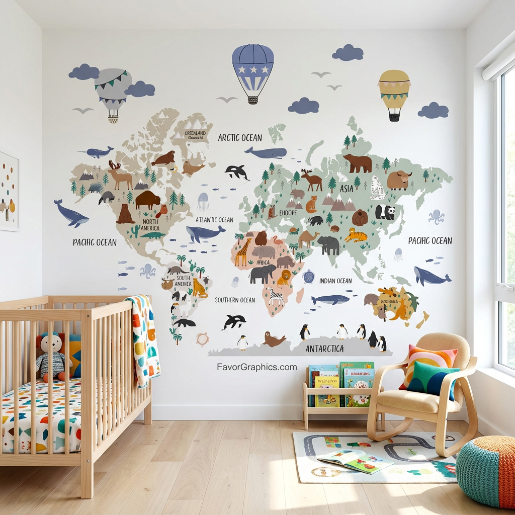 Animal World Map Wall Mural Decal – Educational Kids Room – Favor Graphics