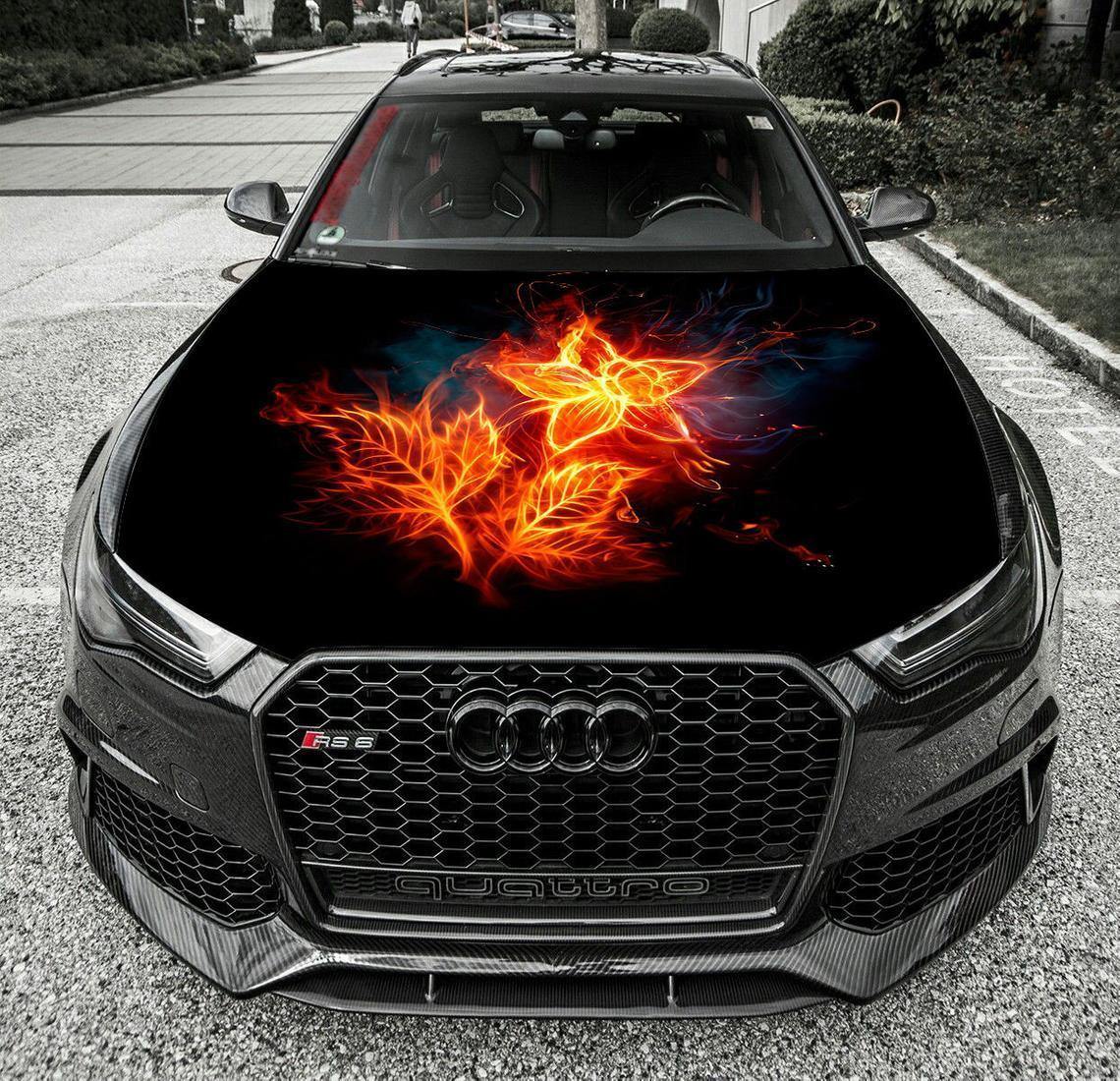Vinyl Car Hood Wrap Full Color Graphics Decal Fire Flower Blooms Sticker fit any Auto
